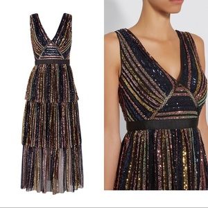 NWT Self-Portrait Tiered Striped Sequin Midi Dress